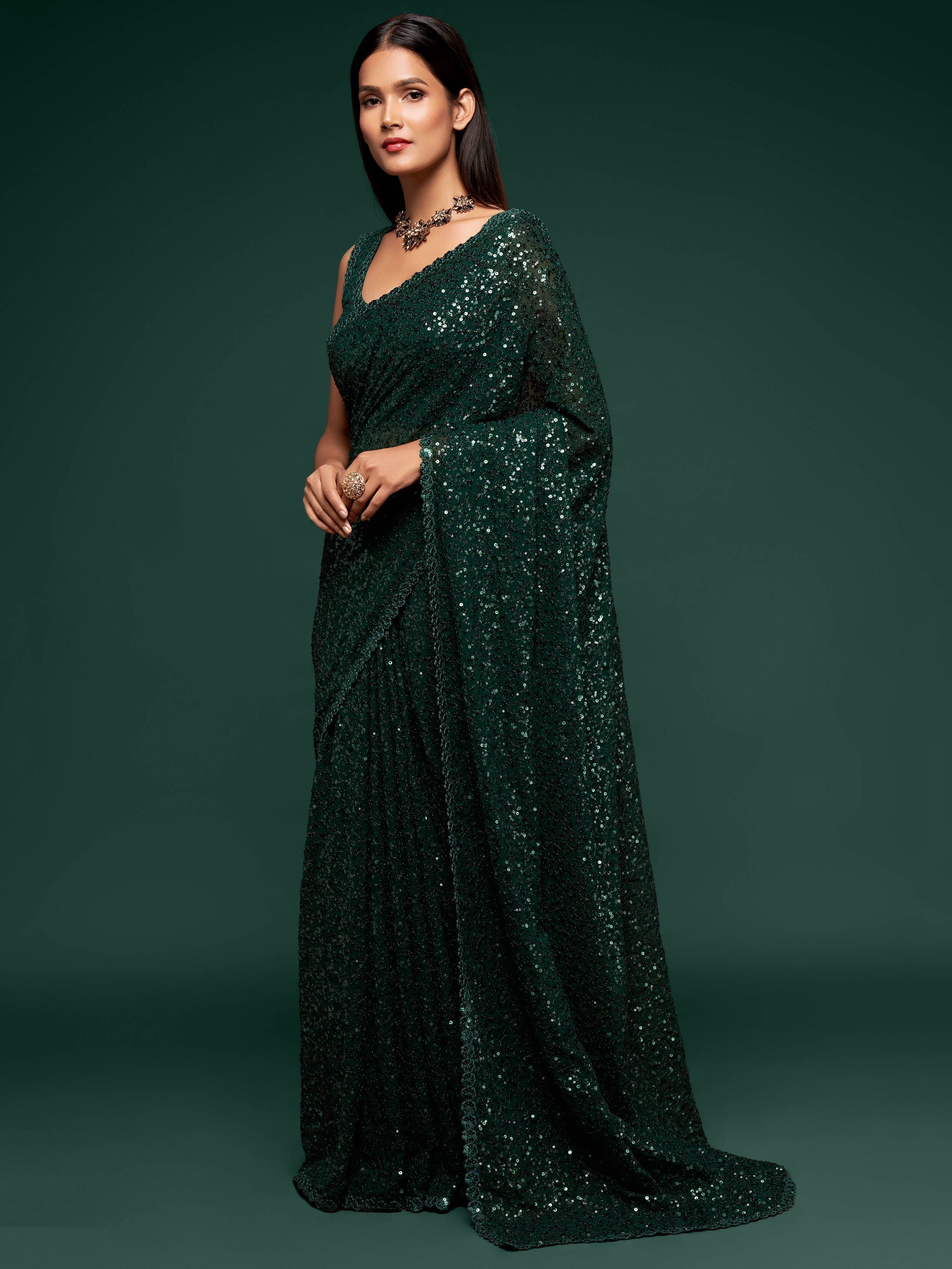 Bottle Green Fully Sequined Georgette Party Wear Saree