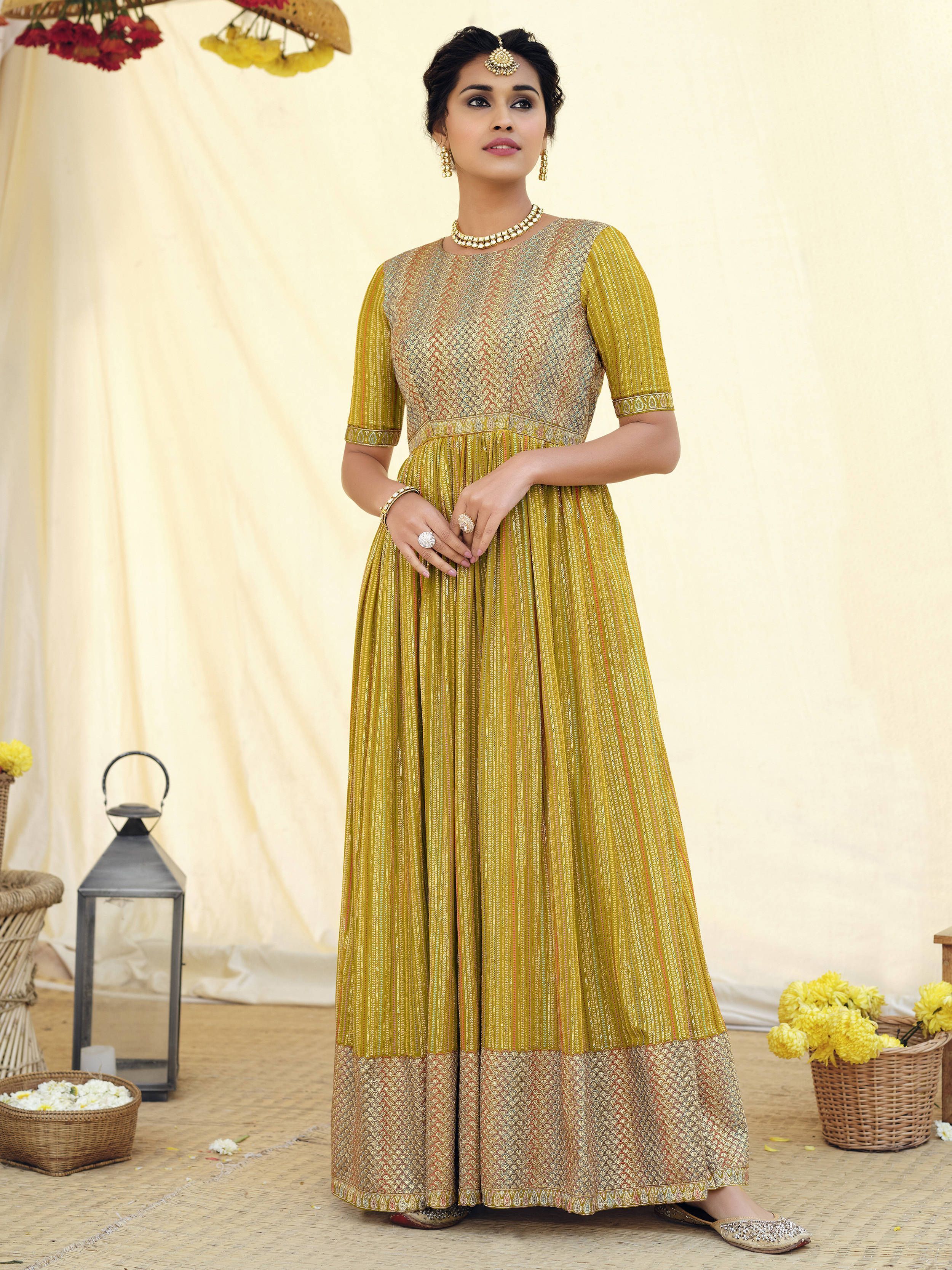Stunning Yellow Georgette Gown With Thread Embroidery Work