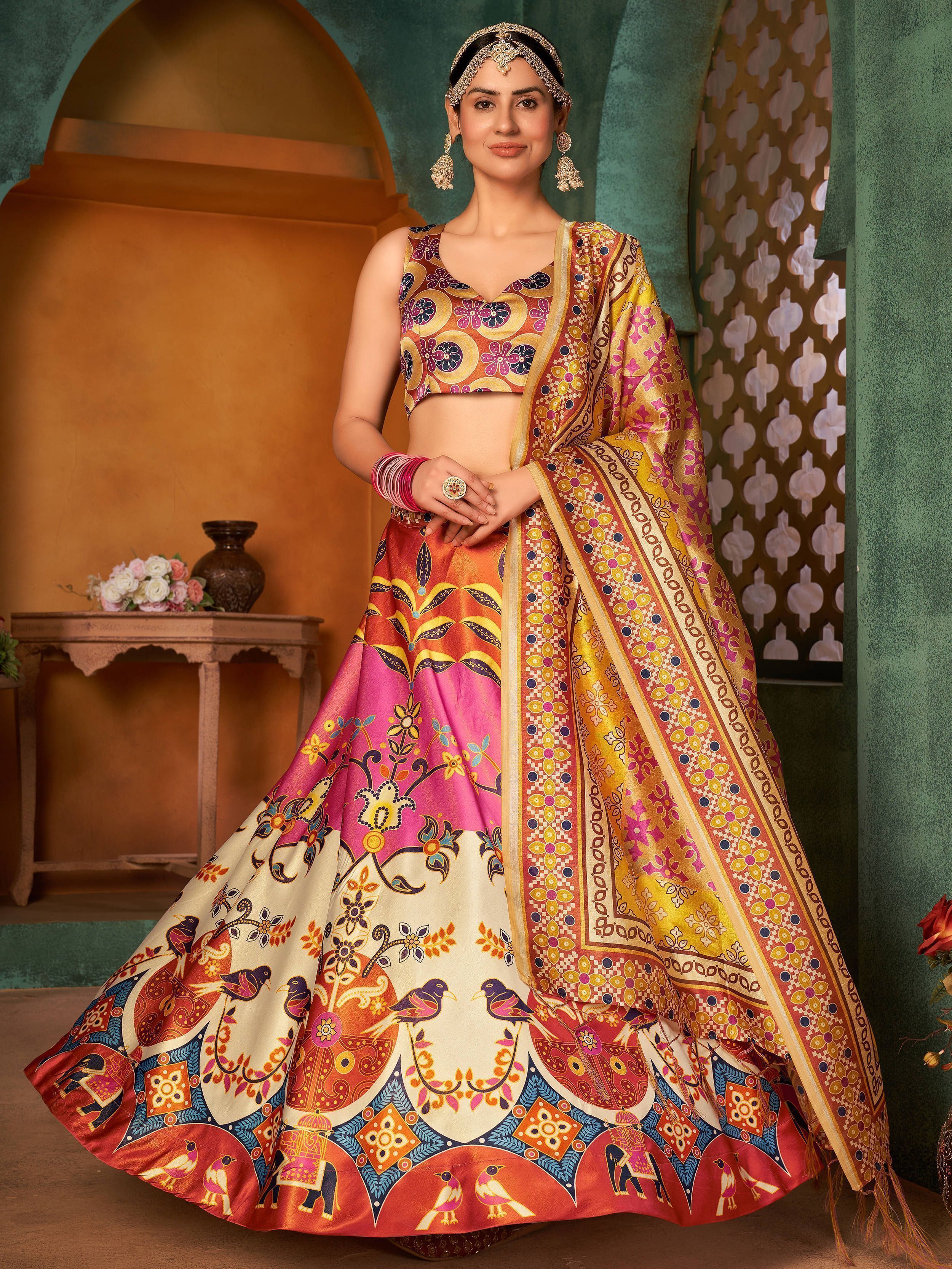 Gorgeous Multicolor Digital Printed Silk Reception Wear Lehenga Choli