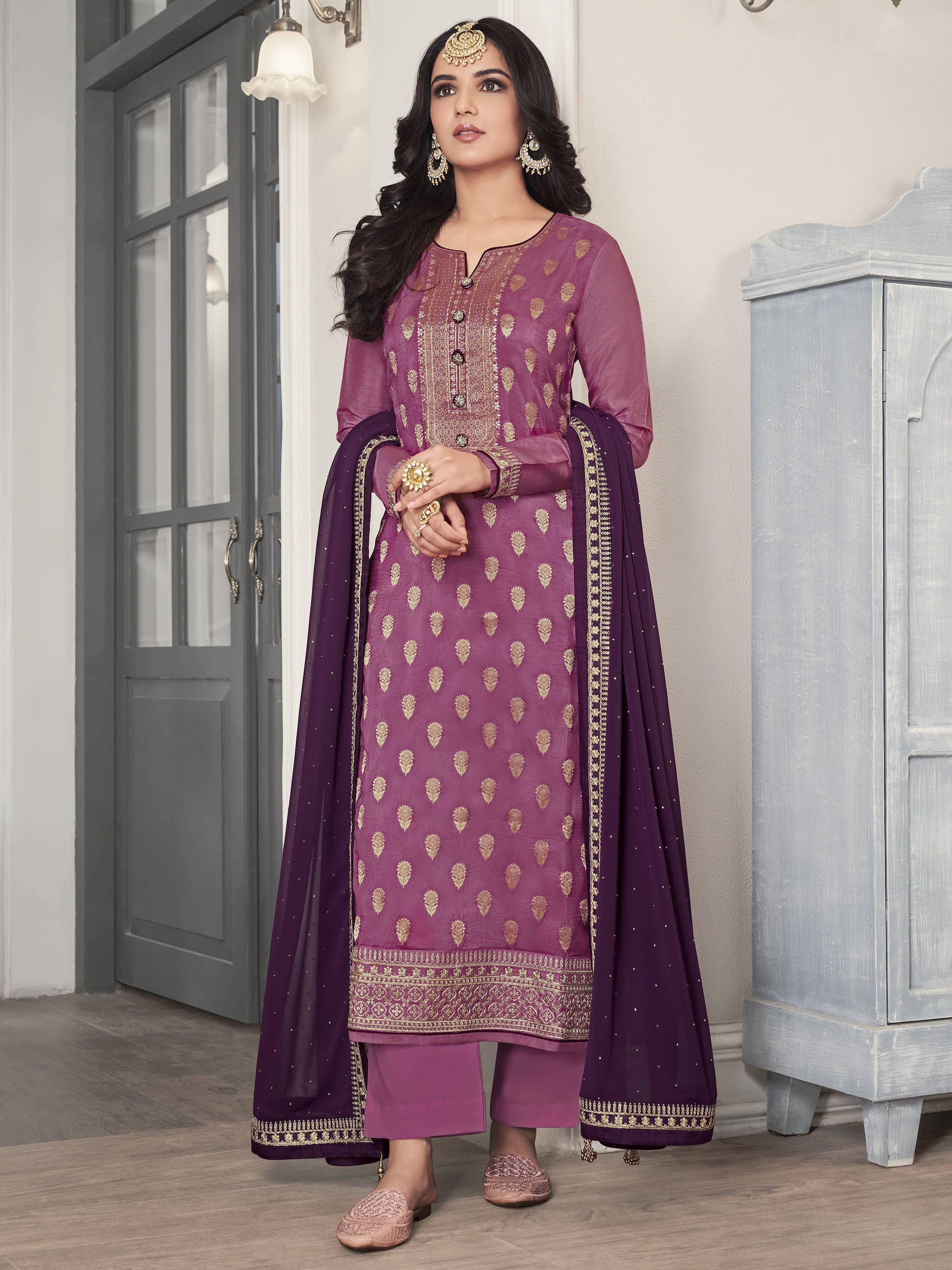 Purple Pure Organza Emroidery Work Pant Suit With Dupatta