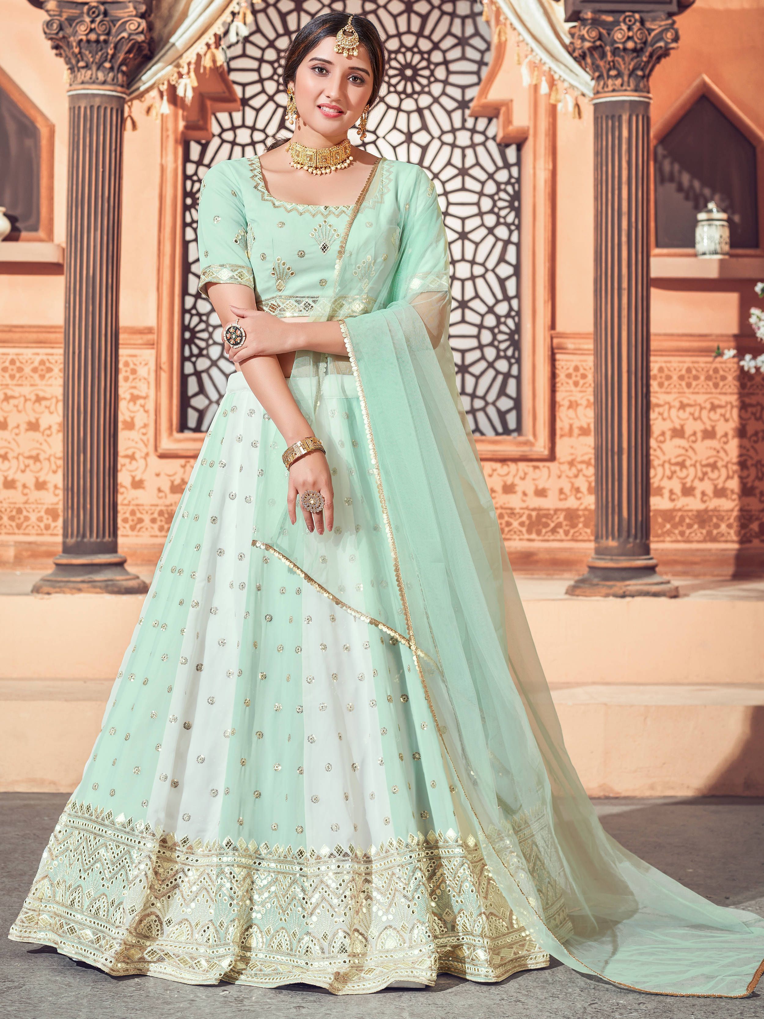 Pista Green Thread Embroidered Georgette Party Wear Lehenga Choli