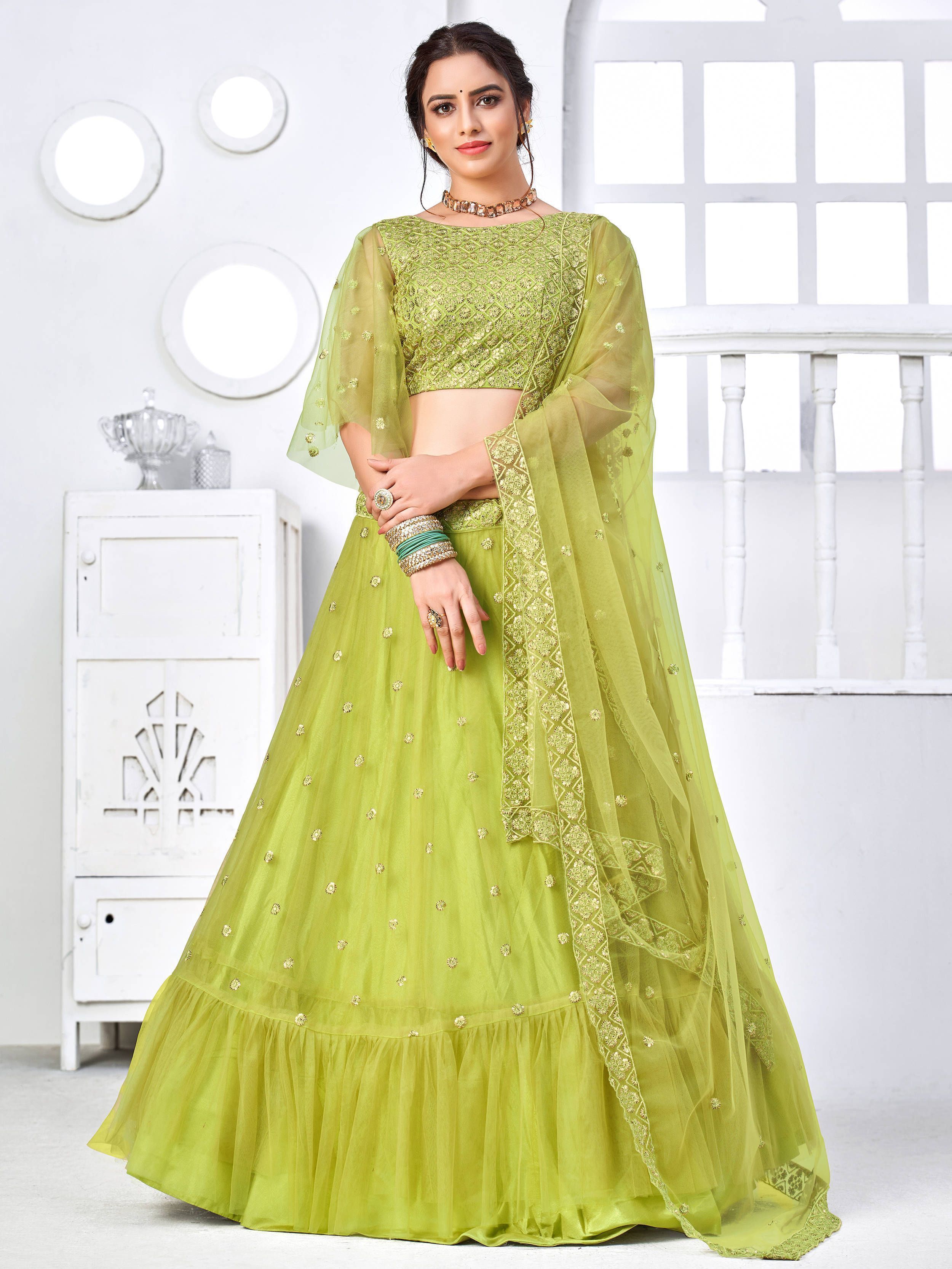 Green Silk Lehenga: Full sleeve Blouse & Ruffle Hem Skirt – B Anu Designs