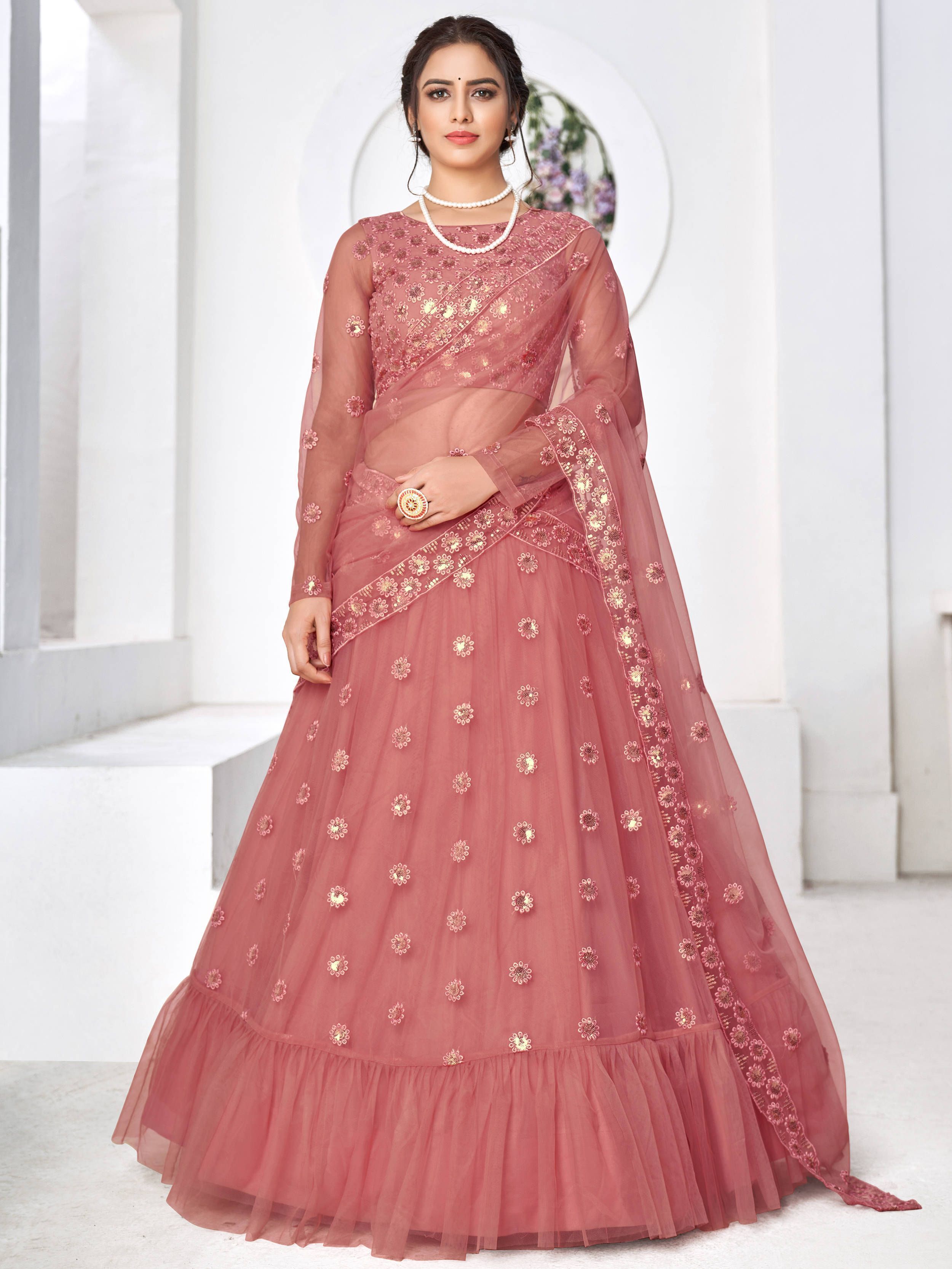  Awesome Pink Thread Embroidery Bridal Wear Lehenga Choli