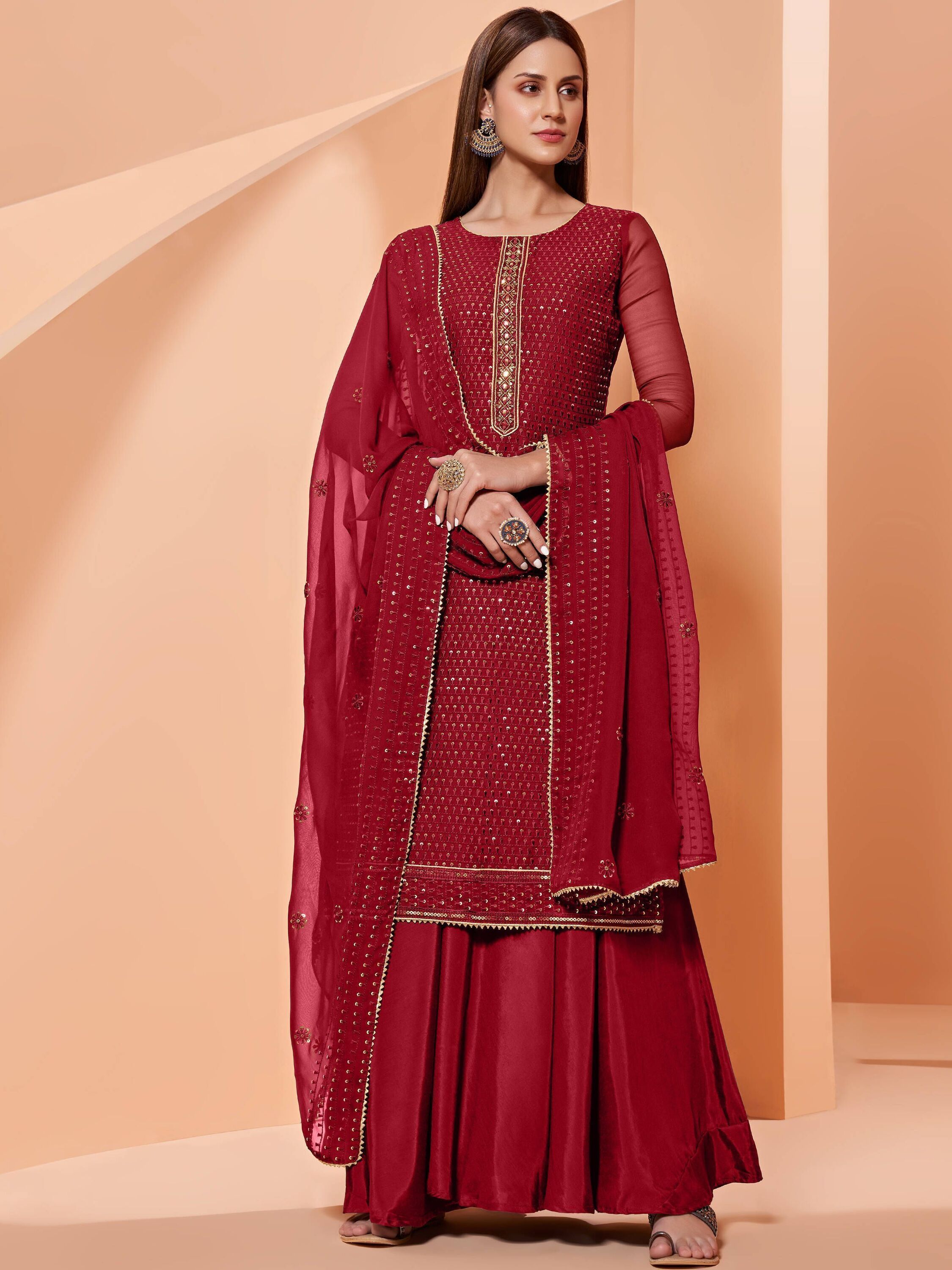 Glorious Red Sequins Embroidery Georgette party Wear Sharara Suit