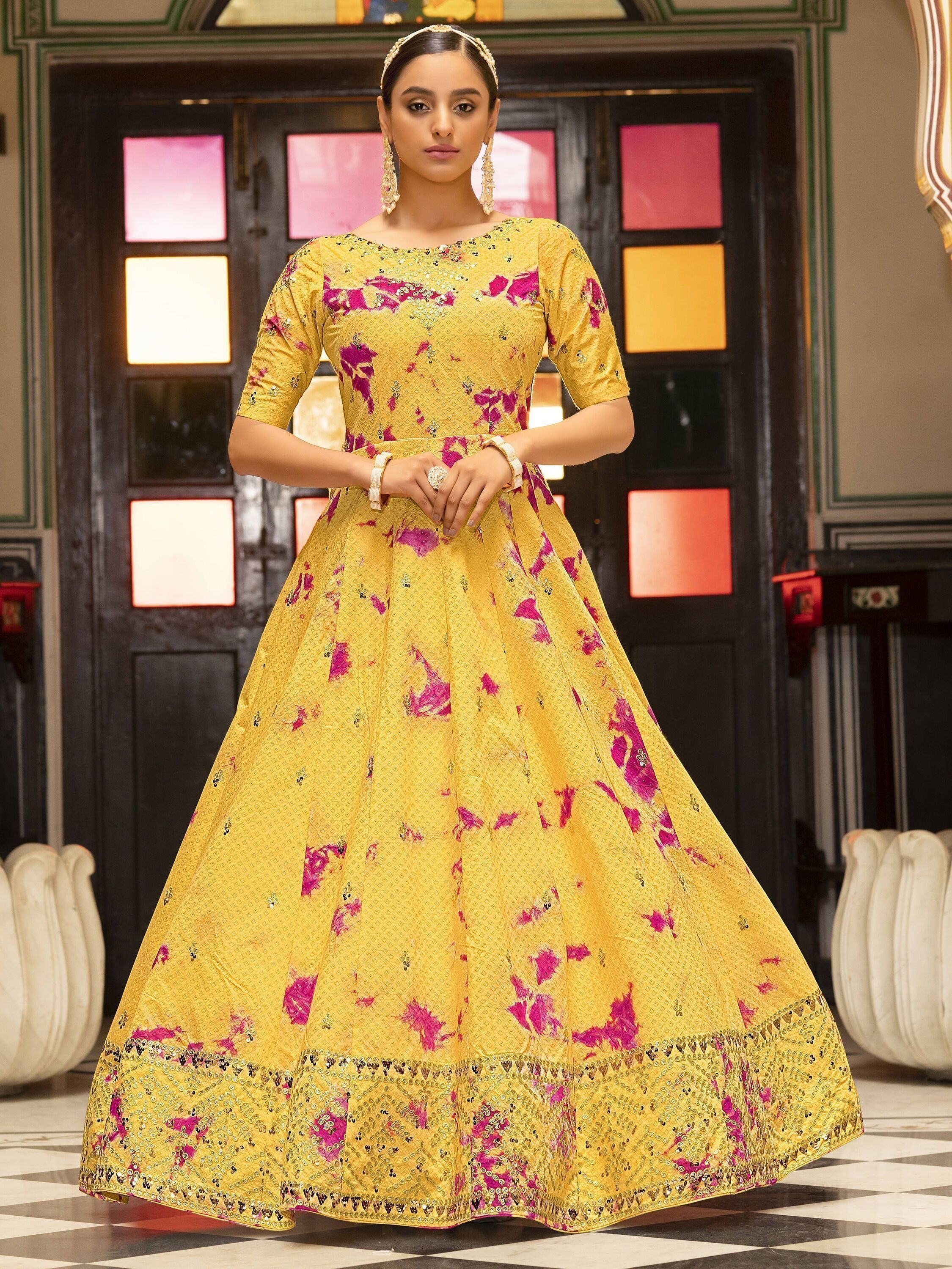 Elegant Yellow Shibori Print Cotton Gown With Sequence Work