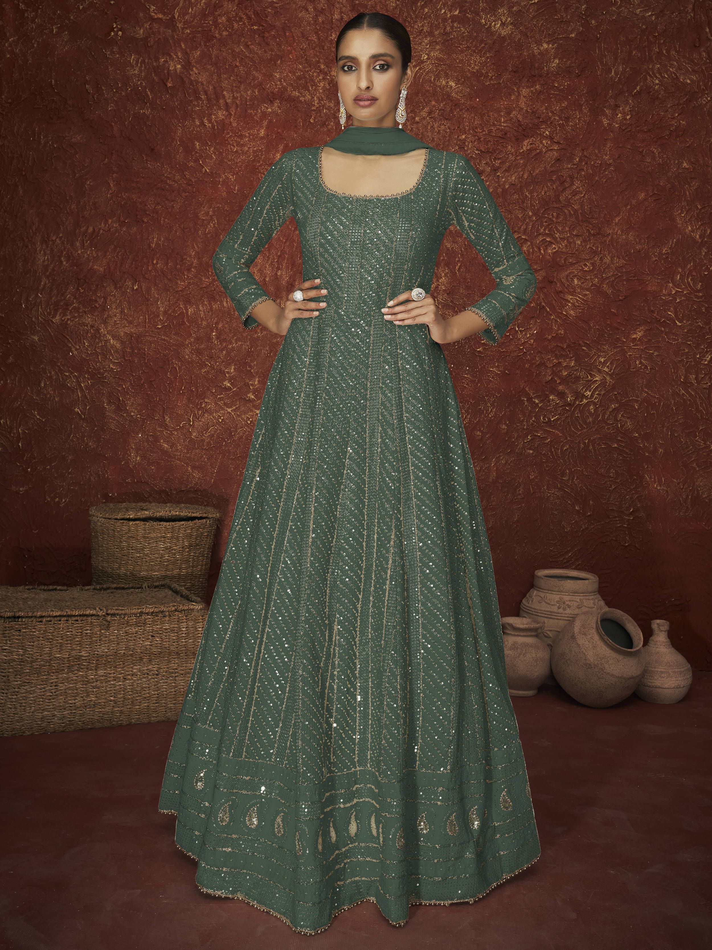 Pleasant Green Sequins Work Party Wear Gown With Dupatta