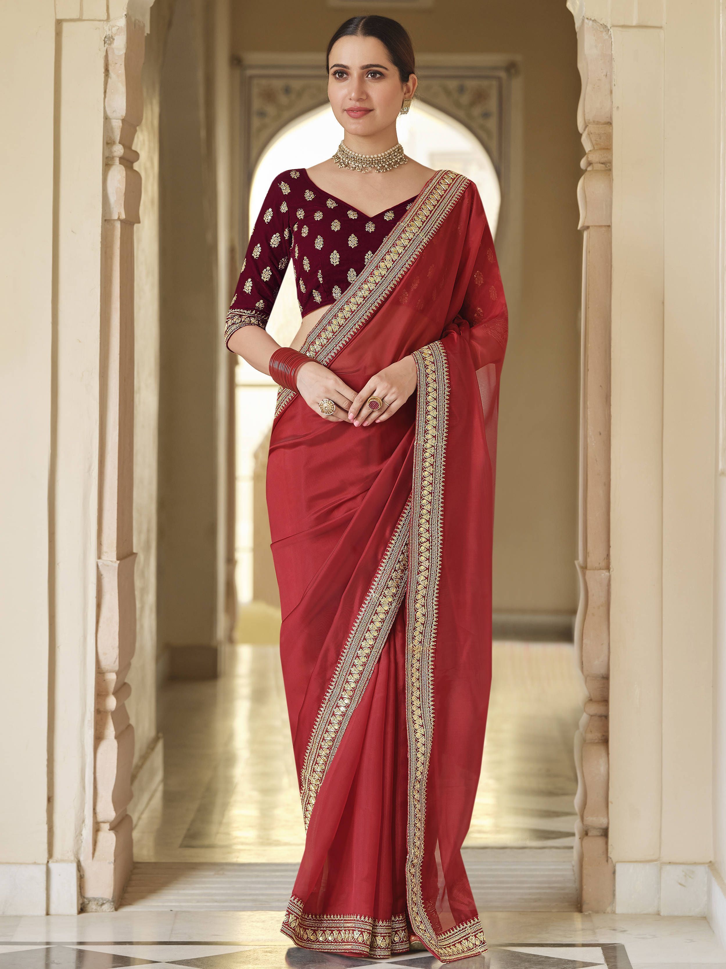 Red Embroidered Bordered Organza Festive Wear Saree