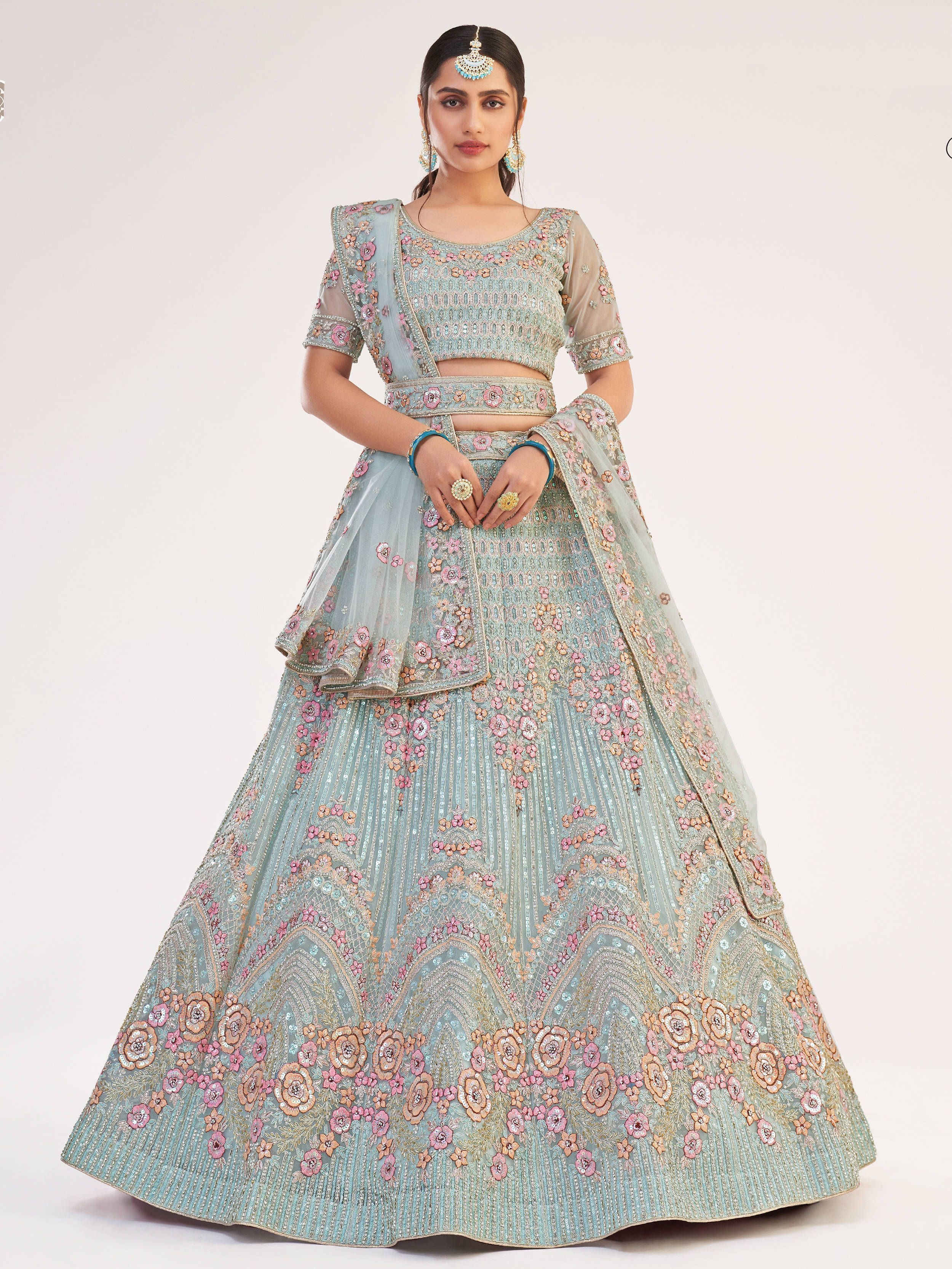 Unique Sky Blue Sequins Embroidered Net Wedding Wear Lehenga Choli