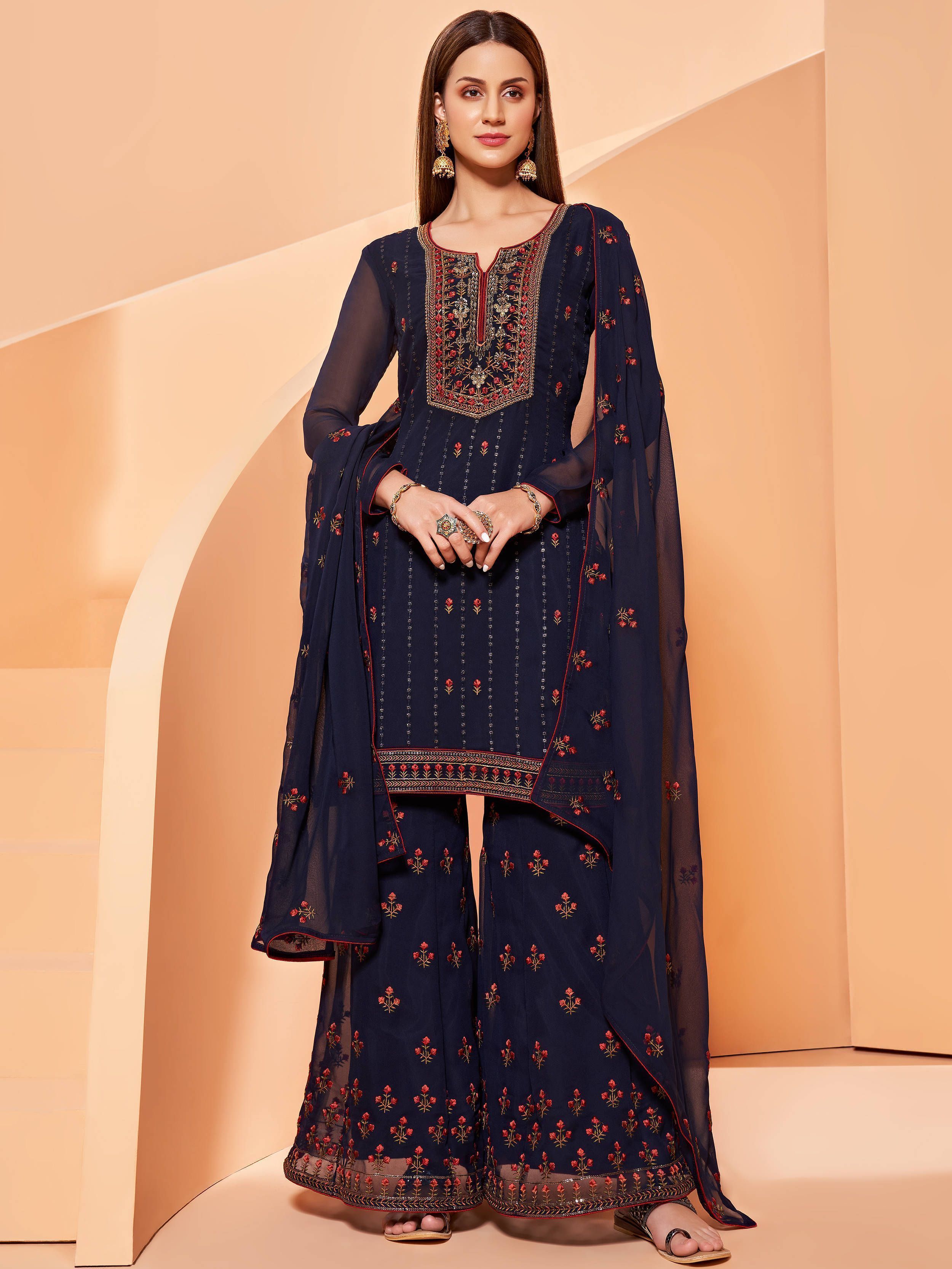 Beautiful Dark Blue Thread Embroidery Georgette Party Wear Sharara Suit
