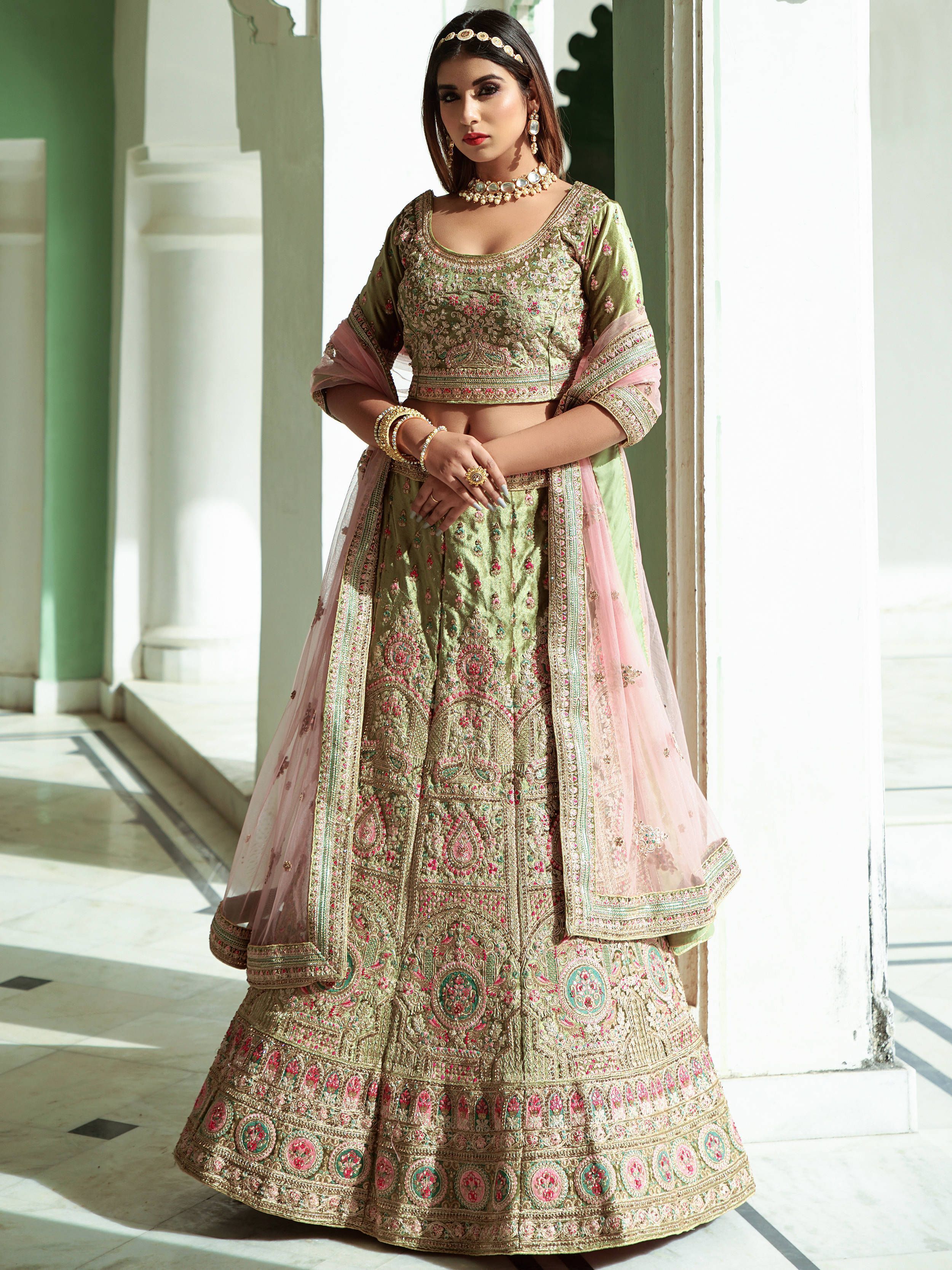 Spectacular Pista Green Dori Embroidery Velvet Bridal Lehenga Choli