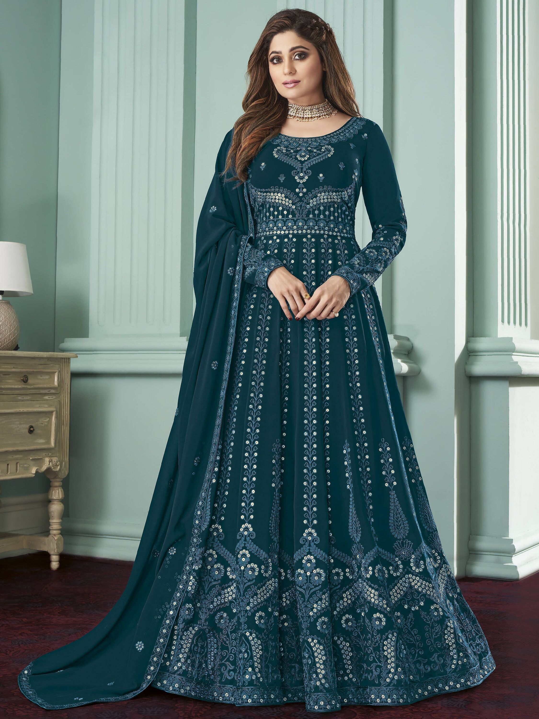Teal Blue Thread Embroidered Wedding Wear Readymade Gown