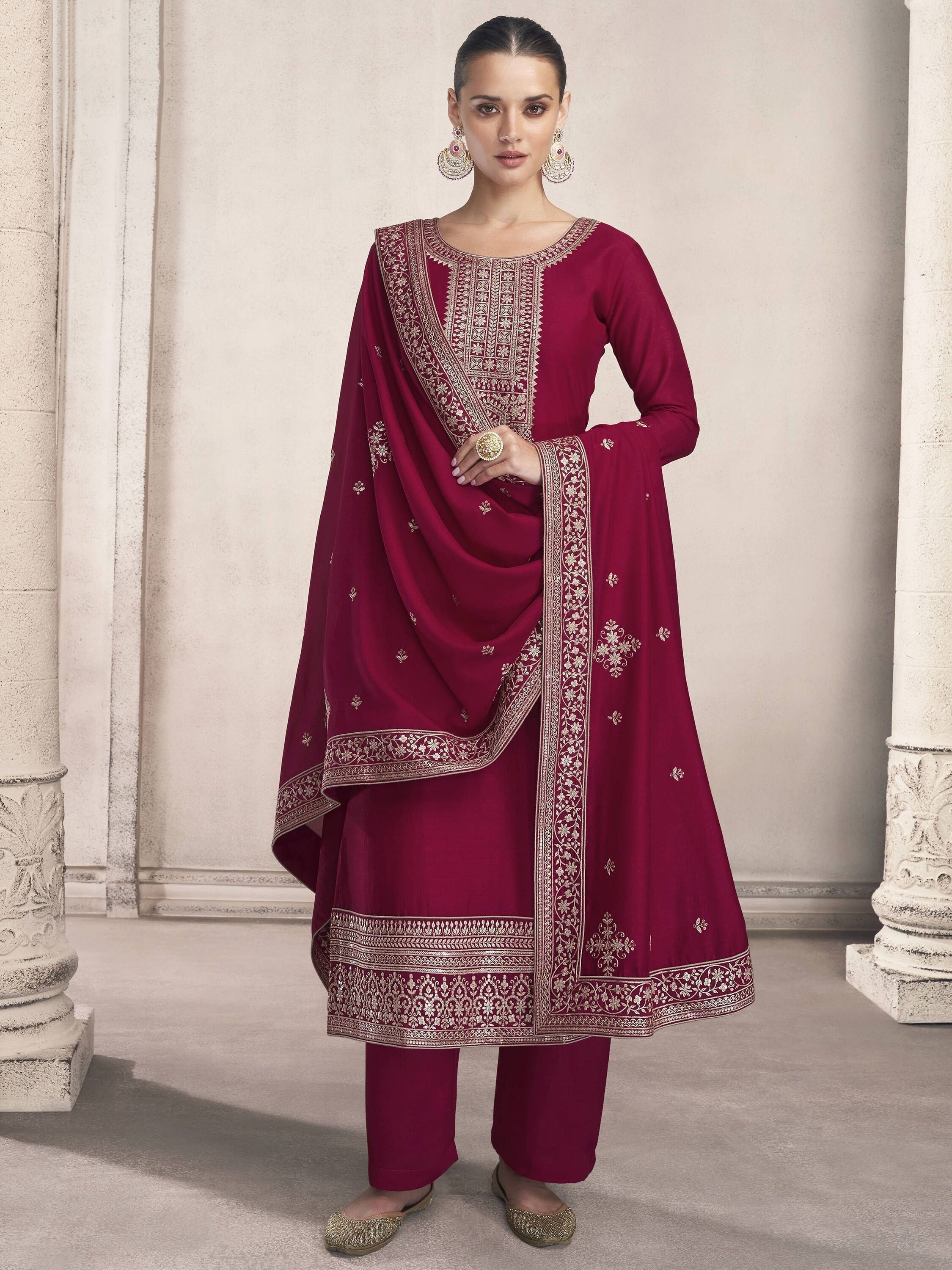 Engaging Magenta Pink Embroidery Silk Festive Wear Salwaar Suit