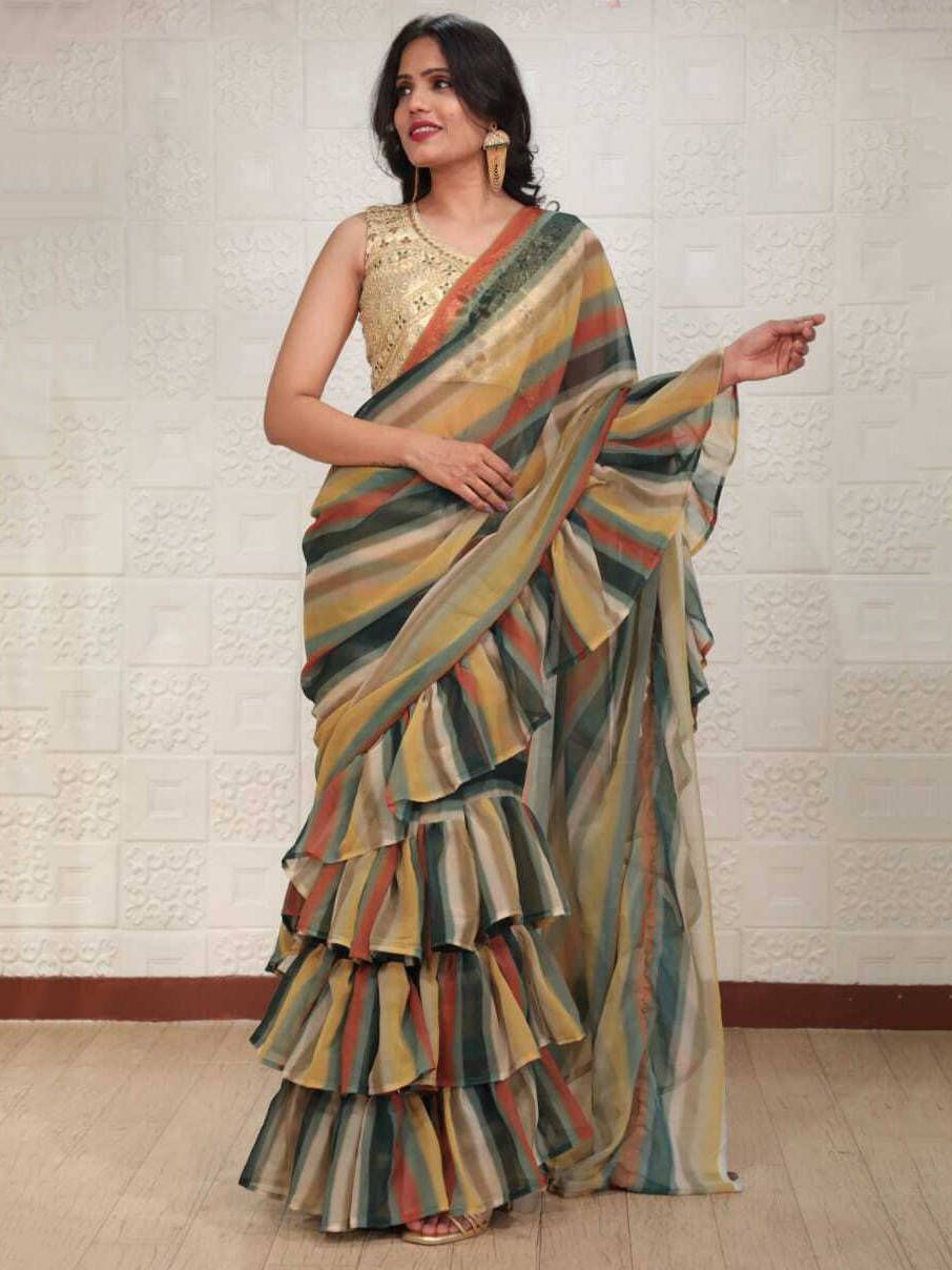 Multi-Color Ruffle Georgette Party Wear Saree With Blousee