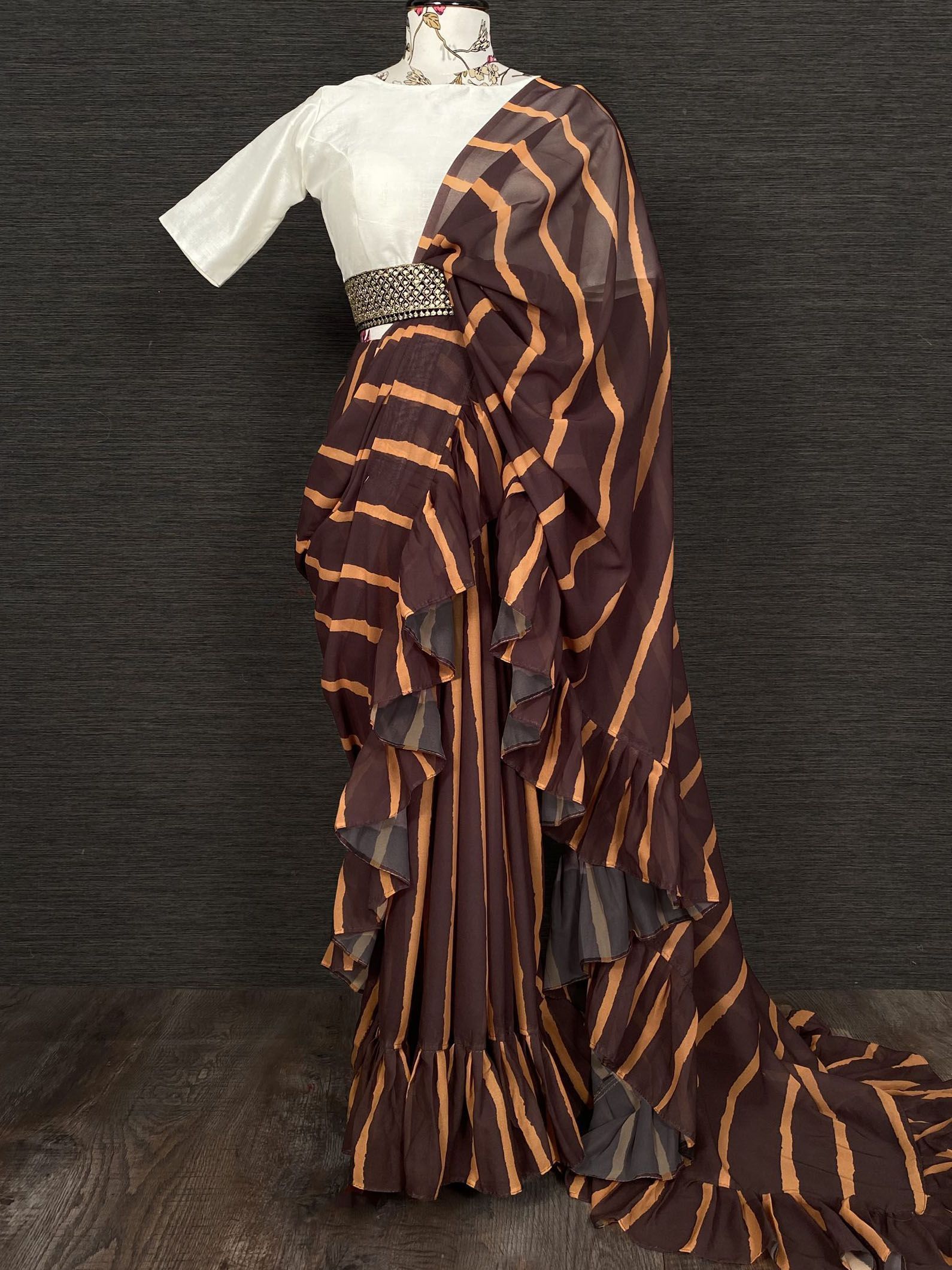 Brown Ruffle Georgette Party Wear Saree With Belt