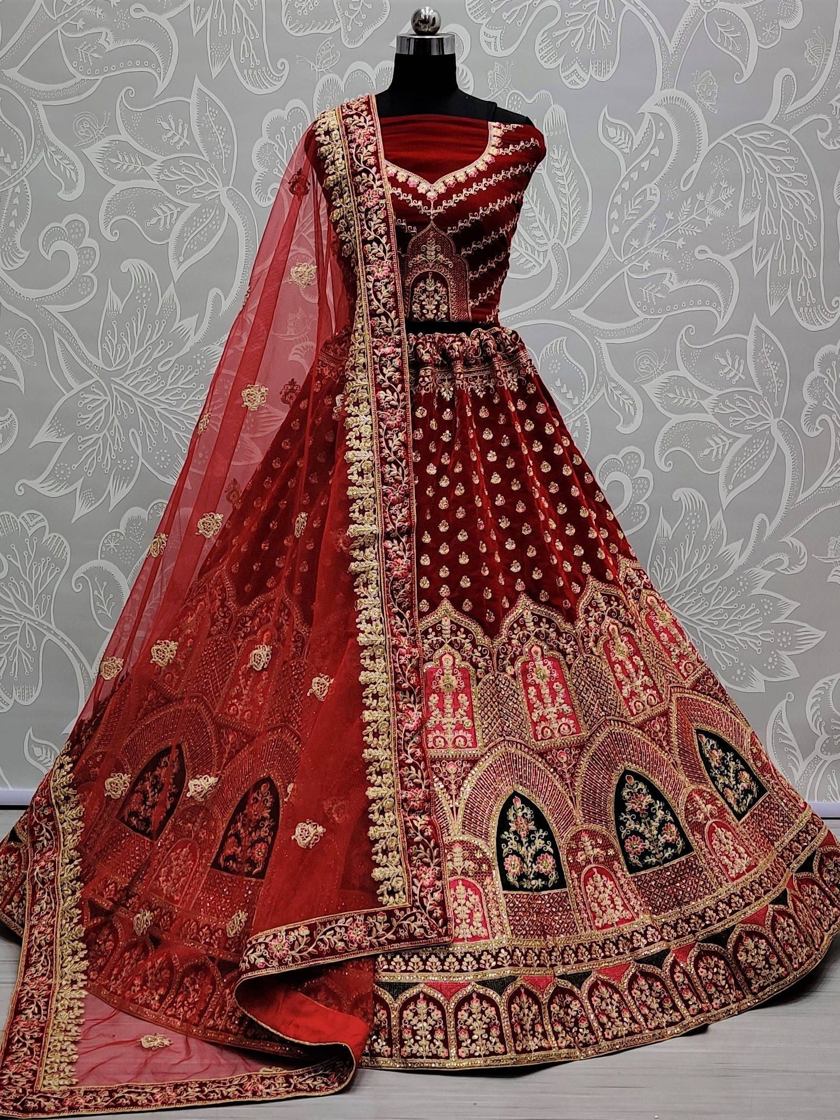  Beautiful Maroon Thread Embroidery Velvet Bridal Wear Lehenga Choli