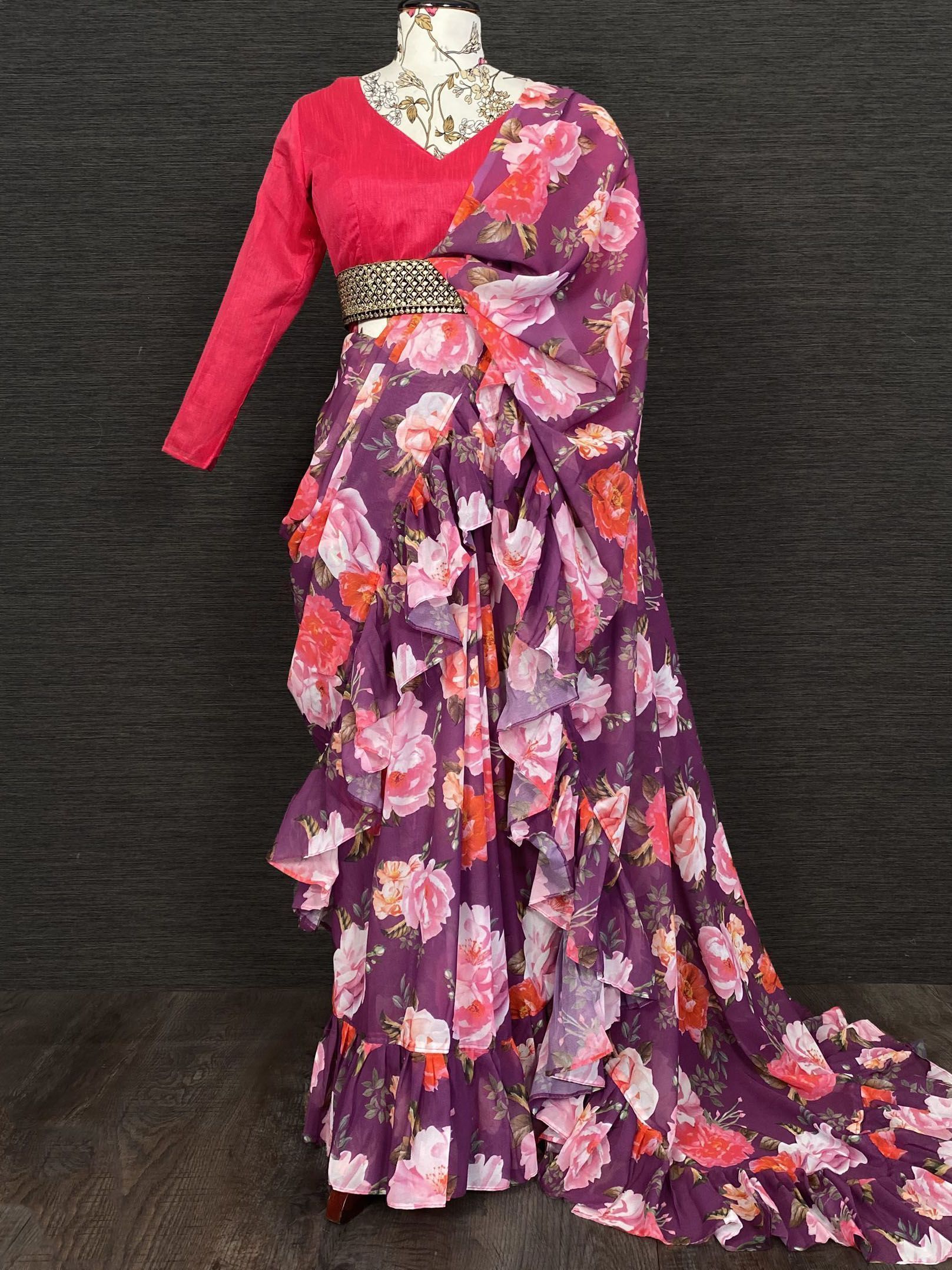 Purple Floral Ruffle Georgette Party Wear Saree With Belt
