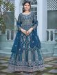 Impressive Blue Heavy Embroidery Net Wedding Wear Gown
