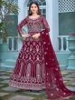 Alluring Maroon Embroidered Net Engagement Wear Gown With Dupatta
