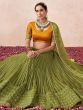 Attractive Olive Green Net Embroidered Party Wear Lehenga For Women