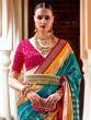 Gorgeous Sky Blue & Pink Patola Printed Silk Wedding Saree With Blouse