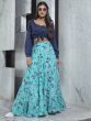 Readymade Blue Printed Crepe Indo Western Skirt With Shirt Crop-Top