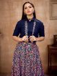 Navy Blue Floral Silk Indo-Western Ready To Wear Skirt With Shirt