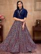 Navy Blue Floral Silk Indo-Western Ready To Wear Skirt With Shirt