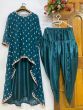 ReadymadeTeal Green Embroidered Georgette Party Wear Up Down Kurta Dhoti Suit