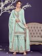 Awesome Misty Blue Thread Embroidery Georgette Festival Wear Palazzo Suit