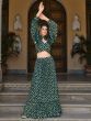 Spectacular Green Foil Work Georgette Skirt Crop Top With Jacket 