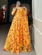 Glamorous Yellow Floral Printed Georgette Haldi Wear Gown With Dupatta