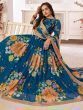 Beautiful Rama Blue Digital Printed Georgette Wedding Wear Lehenga Choli