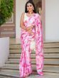 Pink Shaded Printed Satin Silk Saree With Readymade Lucknowi Blouse