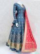 Blue Printed Long Festival Wear Gown With Red Dupatta 