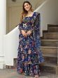 Stunning Navy Blue Floral Printed Georgette Ready To Wear Ruffle Saree