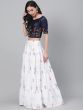 White & Navy Blue Embroidered Semi-Stitched Myntra Lehenga & Unstitched Blouse with Dupatta