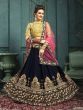 Navy Blue Embroidered Velvet Wedding Lehenga Choli With Pink Dupatta