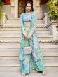Fashionable Sky Blue Printed Silk Party Wear Palazzo Top With Shrug