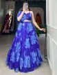 Glamorous Blue Floral Printed Chiffon Function Wear Crop-Top Lehenga