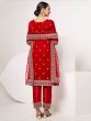 Astonishing Red Sequins Velvet Function Wear Pant Suit With Dupatta