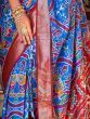 Gorgeous Blue And Red Patola Printed Dola Silk Saree With Belt