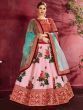 Rose Pink Floral Print Banglori  Silk Bridal Lehenga With Pink Choli And Turquoise Dupatta 