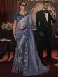 Spectacular Blue & Grey Sequins Net Reception Wear Saree With Blouse
