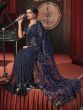 Stunning Navy-Blue Sequins Net Cocktail Party Wear Saree With Blouse