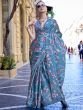 Awesome Teal Blue Floral Printed Satin Party Wear Saree 
