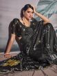 Mesmerizing Black Floral Printed Satin Event Wear Saree With Blouse