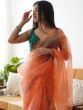 Outstanding Orange Floral Printed Organza Saree With Blouse