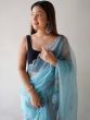 Awesome Sky-Blue Floral Printed Organza Event Wear Saree With Blouse