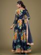 Gorgeous Navy Blue Floral Printed Georgette Gown With Dupatta