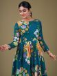 Astonishing Teal Blue Floral Printed Georgette Function Wear Gown